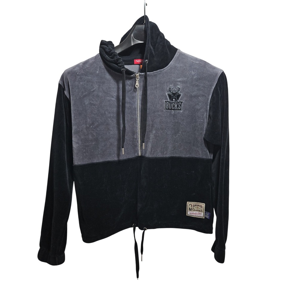Mitchell & Ness Hoodie Womens M Black Grey Velour Bucks Hardwood Classics